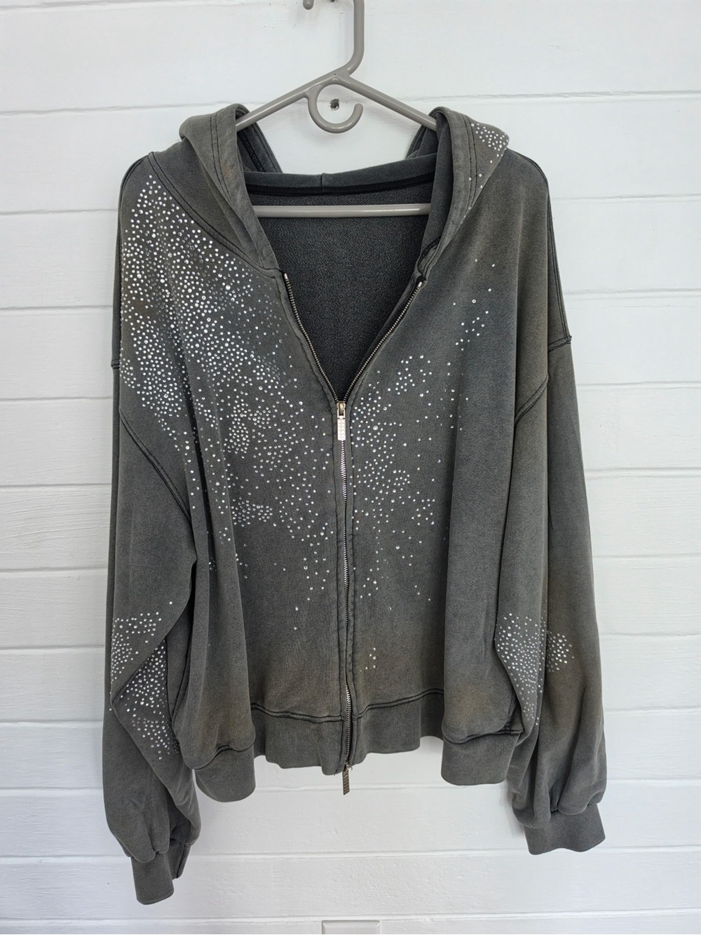 Charcoal Gray Zip-Up Hoodie with Rhinestone Accents